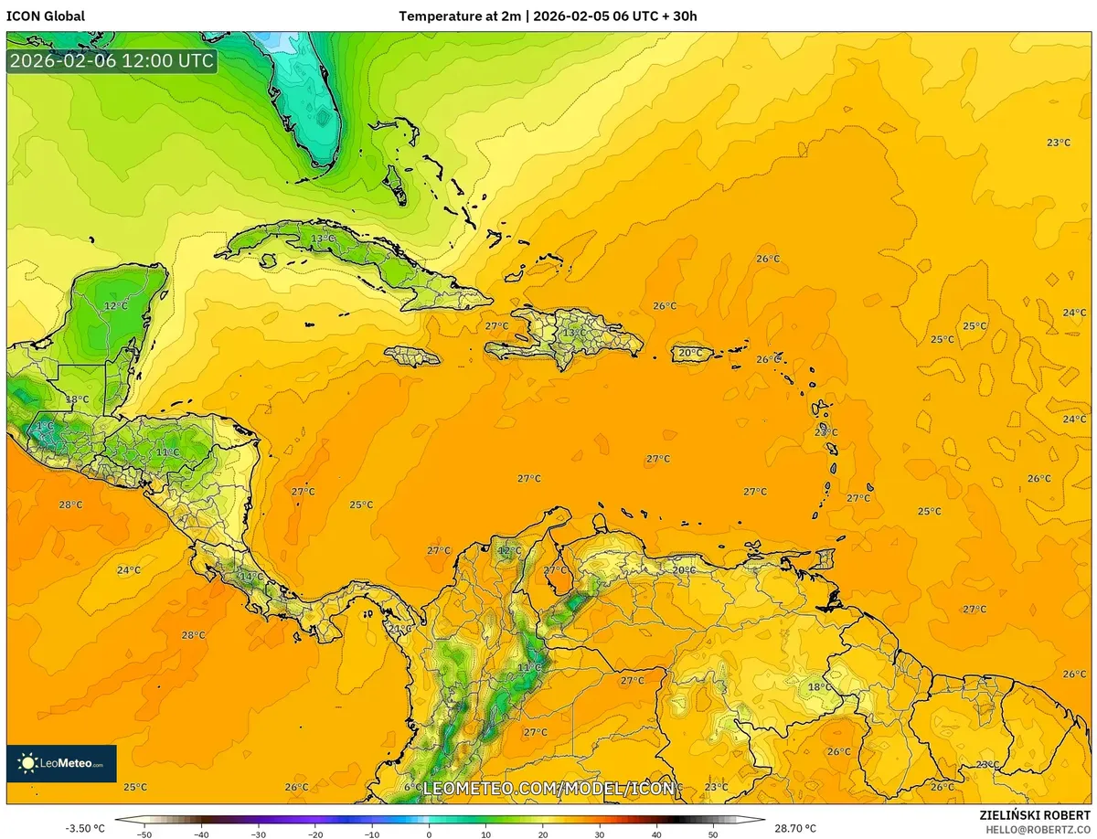 Patrones de temperatura y lluvias en la tarde del 6 de febrero de 2026 (ICON)
